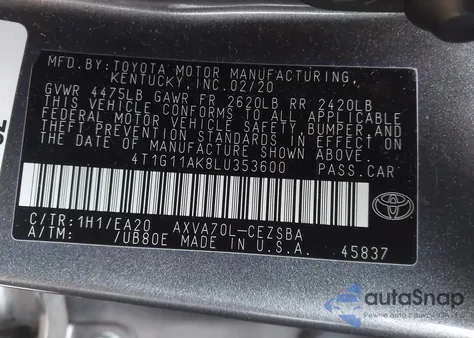 2020 Toyota Camry Se z USA, uszkodzony, nr VIN 4T1G11AK8LU353600